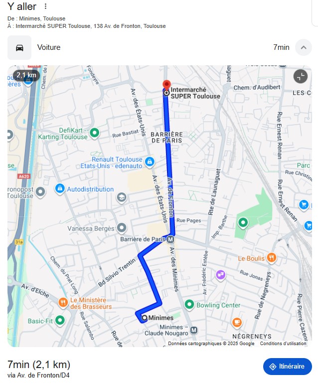 Boutique la vache/Itinéraire Minimes Toulouse vers boutique Ismoke31 La Vache cigarette électronique CBD parking gratuit Barrière de Paris